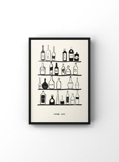 a black and white poster with bottles on it's shelves in front of a wall