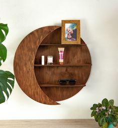 a wooden shelf with two shelves on it and a potted plant next to it