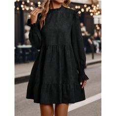 -Item Id 43766109 -Details: Ruffle, Frill, Ruffle Hem, Shirred -Neckline: Stand Collar -Sleeve Type: Flare Sleeve -Style: Cute -Type: Smock -Waist Line: High Waist -Hem Shaped: Flounce -Color: Black -Pattern Type: Plain -Sleeve Length: Long Sleeve -Length: Short -Fit Type: Regular Fit -Fabric: Non-Stretch -Material: Woven Fabric -Composition: 100% Polyester -Care Instructions: Machine Wash Or Professional Dry Clean -Sheer: No **Open To Offers!!!** **Bundle To Save More** **30% Off Bundles Of 2 O Everyday Dress, Dress Autumn, Classy Chic, Everyday Dresses, Casual Everyday, Chic Boutique, Black Pattern, Long Sleeve Casual, Fall Dresses