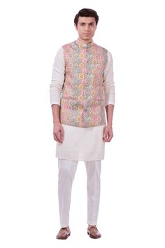 Pink, multicolor bundi with kalamkari print in mughal pattern. Paired with printed kurta and pant. - Aza Fashions Designer Multicolor Nehru Jacket With Chikankari Embroidery, Multicolor Nehru Jacket With Chikankari Embroidery For Festivals, Multicolor Nehru Jacket With Zari Work For Diwali, Designer Multicolor Bandhgala With Chikankari Embroidery, Designer Multicolor Nehru Jacket With Zari Work, Multicolor Printed Motifs Nehru Jacket For Eid, Multicolor Printed Nehru Jacket For Eid, Multicolor Designer Nehru Jacket For Eid, Multicolor Nehru Jacket With Printed Motifs For Eid