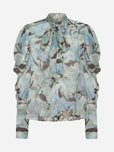 100% Silk Elegant Fall Shirt With Floral Print, Elegant Floral Print Shirt For Fall, Formal Long Sleeve Floral Print Tops, Designer Silk Shirt For Fall, Designer Long Sleeve Blouse With Floral Print, Luxury Long Sleeve Tops For Spring, Designer Spring Blouse With Floral Print, Luxury Silk Shirt With Floral Print, Designer Silk Shirt With Floral Print