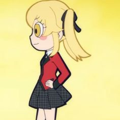 a cartoon girl with blonde hair wearing a red shirt and black skirt standing in front of a yellow background