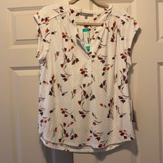 Daniel Rainn Nwt White Blouse With Red Flowers And Swiss Dots Pattern. Red Floral Print Top For Work, Red Floral Print Top For Workwear, Red Floral Print Tops For Work, Printed Chiffon Blouse, Checkered Blouse, Black Floral Blouse, Black Sheer Top, Tan Woman, Tie Front Blouse