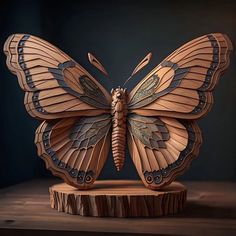 a wooden butterfly sculpture sitting on top of a piece of wood in front of a dark background