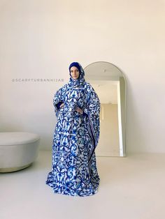 Elegant White Kaftan Abaya With Blue Italian Print and - Etsy Traditional Blue Hijab For Eid, Blue Long Khimar For Eid, Long Blue Khimar For Eid, Blue Modest Khimar For Eid, Blue Modest Long Abaya, Elegant Blue Hijab For Eid, Modest Blue Dresses For Eid, Modest Long Sleeve Blue Kaftan, Blue Traditional Abaya For Eid