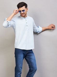 Vastramay Men's Aqua Short Cotton Kurta Casual Cotton Tops For Eid, Cotton Casual Kurta For Eid, Casual Cotton Kurta For Eid, Casual Straight Kurta Tops For Eid, Light Blue Cotton Kurta For Summer, Summer Light Blue Cotton Kurta, Light Blue Long Sleeve Summer Kurta, Blue Cotton Kurta With Relaxed Fit, Light Blue Cotton Kurta With Long Sleeves