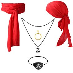 a red scarf and two necklaces with an anchor on the front, and a pirate's knot at the back