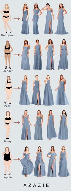 the different types of dresses are shown in this image, and there is also an info sheet