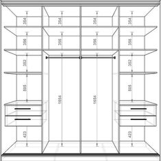 the measurements for a walk in closet with drawers, shelves and shelving units on each side