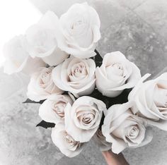 a bouquet of white roses sitting on top of a table