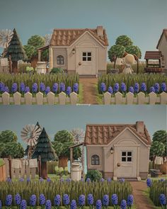 two pictures of a house with blue flowers in the front yard and on the back