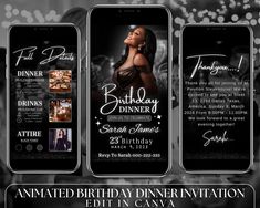 the birthday party flyer for an event with two cell phones and one woman's face