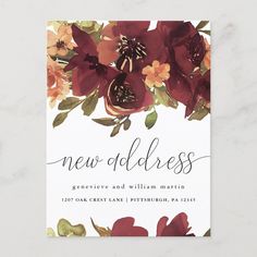 an elegant floral wedding card with red flowers and greenery on the bottom, reads new address