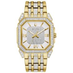 Gold Plated Watch, Crystal Watches, Roman Numeral, Crystal Collection, White Dial, Stainless Steel Watch, Steel Bracelet, Crystal Bracelets, Gold Tone Metal