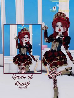 a red haired doll is dressed in black and white checkered tights, with a crown on her head