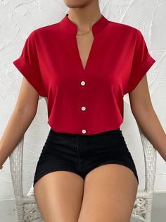 Casual V Neck Solid Shirt Blouse Office Lady Spring Summer Fashion Elegant Short Sleeve Slim Shirts For Women 2023 White Tops [23y 8m 11d] Red V-neck Solid Color Blouse, Red Solid Color V-neck Blouse, Summer Office Collared Tops, Summer Collared Office Tops, Collared Tops For Office In Summer, Red V-neck Top For Office, Office Tops With Collar In Solid Color, Red Short Sleeve Tops For Office, Spring Collar Blouse Solid Color