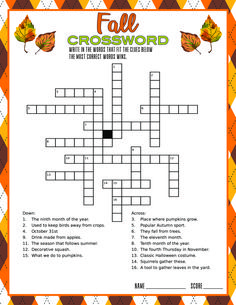 printable fall or autumn crossword puzzle game Fall Crossword Puzzles Printable, Crossword Puzzle Games, Autumn Puzzle, Printable Crossword Puzzles, Seasonal Printables, Halloween Club, Fall Parties, Game For Adults