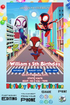 spiderman birthday party flyer with balloons and confetti