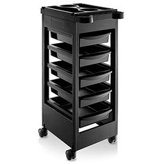 a black plastic cart with six trays on wheels and one drawer in the middle