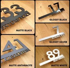 four different types of metal letters and numbers on a wooden surface with text below them