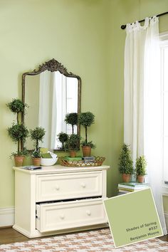 a dresser with potted plants and a mirror