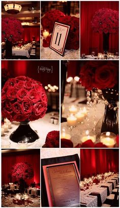 a collage of photos with red flowers and candles in the center, on top of a table