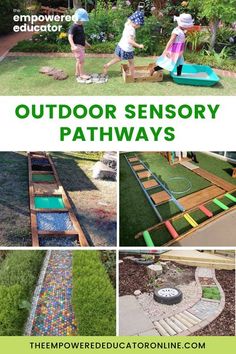 an outdoor play area with slides, sand and grass in the middle is featured on this page