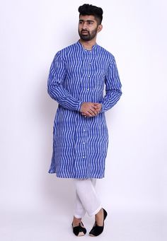 Readymade Cotton Kurta in Blue. This Collar Neck and Full Sleeve attire is Prettified with Buttons and Ikat woven and has Two Side Pockets. Do note: Bottom and Footwear shown in the image is for presentation purposes only. Half to one inch may vary in measurement. (Slight variation in actual color vs. image is possible) We sell all kinds of menswear. Mens Kurta | Mens Kurta Pajama | Mens Sherwani | Mens Sherwani Sets | Traditional Menswear | Partywear Menswear | Indian Mens Dresses | Diwali Kurt Blue Casual Kurta For Festive Occasions, Casual Blue Kurta For Festive Occasions, Blue Casual Festive Kurta, Blue Festive Casual Kurta, Casual Blue Festive Kurta, Fitted Blue Kurta For Summer, Casual Indigo Kurta For Summer, Blue Long Sleeve Kurta For Summer, Casual Summer Blue Kurta