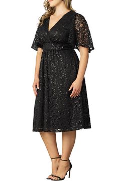 Sparkle in this lovely sequin-embellished lace dress with a fit-and-flare silhouette for elegant style. 44" length (size 2X) Surplice V-neck Short sleeves Side-seam pockets Lined 90% nylon, 10% spandex Dry clean Made in the USA of imported fabric Flare Cocktail Dress, Dresses Materials, Curvy Wedding, Plus Size Sequin Dresses, Cocktail Dresses With Sleeves, Fit And Flare Cocktail Dress, Sparkly Outfits, Embellished Cocktail Dress, Gown Plus Size