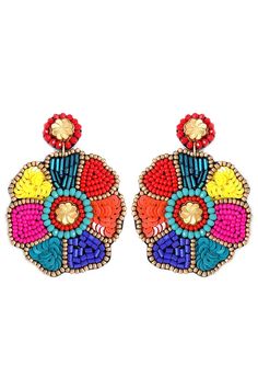 a pair of colorful beaded earrings with flowers on the front and back of each ear