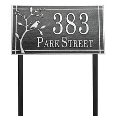 a black and white sign that reads 383 park street with a bird on it