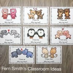 six cards with different animals on them and the words fern smith's classroom ideas