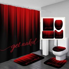 a bathroom with red and black shower curtain, rugs and toilet seat covers on the floor