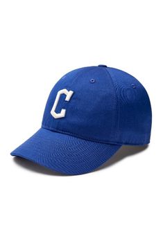 a baseball cap with the letter c on it in white and blue, against a white background