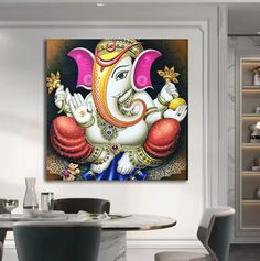 Buy this sparkling Traditional Ganesha Painting on Canvas. This canvas painting shows Ganpati Ji with beautiful details. It is a beautiful Diwali decoration idea, Ganpati decoration, and also a perfect gift for the festivals. It is painted on a high-quality canvas with bright vibrant colors. Add this to your Living Room Decoration to give your home an uplifted look. #ganpati #lordganesha Ganesha Canvas Painting, Diwali Decoration Idea, Ganpati Ji, Wall Painting Art, Ganpati Decoration, Pichwai Paintings, Traditional Style Decor, Ganesh Art, Diwali Decoration