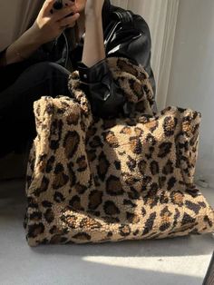 LIZAKOSHT - Korean Fashion Leopard Faux Fur Women Fluffy Tote Bags Handbags Large Capacity Girl Winter Plush Shoulder Bag Casual Leopard Print Bag For Fall, Casual Leopard Print Fall Bag, Faux Fur Shopping Bags, Rectangular Leopard Print Bags For Fall, Brown Winter Bags With Plush Lining, Brown Bags With Plush Lining For Winter, Winter Brown Bags With Plush Lining, Trendy Faux Fur Bag For Everyday Use, Leopard Print Travel Bag For Fall