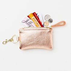 "This sweet little keychain wallet is created with FOUR super supple metallic leather color choices (rose gold, platinum, silver, or gold). It can hold your spare chain, credit cards, business cards as well a a bit of cash in a small and secure little package. It's also makes a great gift card presenter. D E T A I L S: * 100% cowhide leather. * Wallet Dimensions: Width 5\" / Height 3.25\" * Keyring with Swivel Snap Dimensions: Length 2.75\" / Width 1.25\" * UNLINED suede finish leather interior. Pouch Keychain, Cash Holder, Handcrafted Handbags, Wallet Keychain, Gold Keychain, Leather Zip Pouch, Keychain Wallet, Credit Card Wallet, Cute Keychain