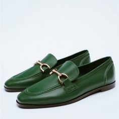 Green Zara Soft Leather Gold Hardware Trim Slip-On Round Loafers (Nwt) Euc 36 Euc 37 Beautiful Shoes Elegant Green Loafers For Business, Green Loafers For Formal Fall Occasions, Green Formal Loafers For Fall, Classic Green Leather Office Shoes, Classic Green Leather Shoes With Pointed Toe, Green Loafers For Business In Spring, Green Leather Office Shoes, Green Slip-on Loafers For Office, Green Classic Loafers For Work