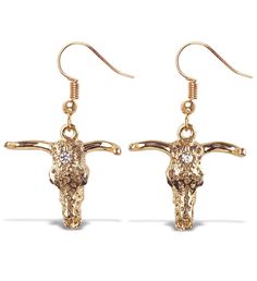 PRICES MAY VARY. THE GOLD LONGHORN EARRINGS COME WITH UNIQUE DESIGN YOU WILL LOVE - Make a glittery fashion statement everywhere you go with these stylish Longhorn Gold Sparkling Earrings. Made with premium quality materials, they come with a sparkly design and rhinestones, featuring a Texas Longhorn skull head with intricated details and plated in gold color. Ideal dangle earrings for women to complement every fashion outfit for daily wear and special occasions. THE GOLD LONGHORN JEWELRY EARRIN Longhorn Skull, Dainty Gold Earrings, Texas Longhorn, Western Earrings, Gold Dangle Earrings, Head Jewelry, Gold Statement Earrings, Skull Head, Fish Hook Earrings