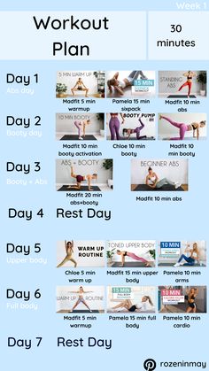 the workout plan is shown in blue and white, with images of women doing different exercises