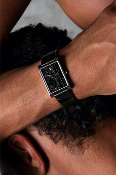 VIEREN Black Croc leather watch on man's wrist with skin Rectangular Black Watch With Subdials, Designer Black Watches With Leather Strap, Designer Leather Watches With Skeleton Dial, Designer Leather Watch With Skeleton Dial, Classic Black Square Watch, Classic Black Square Watches, Formal Rectangular Leather Watch, Designer Black Watch With Skeleton Dial, Luxury Black Rectangular Watch Accessories