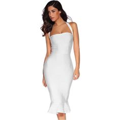 Turn Heads On Your Next Night Out In This Super Sexy Bodycon Midi Dress. Made From Stretchy Bandage Fabric That Accentuates Your Curves, The Dress Features A Chic Silhouette With A Wide Strap Halter, A Square Neckline, And A Tight Bodycon Fit. Team It With Strappy Heels And A Small Clutch Bag For A Gorgeous Head To Toe Look! Dry Clean Only 90% Rayon, 9% Nylon, 1% Spandex Measurement For Small Length: 31" (From Bust To Hem) Bust: 13" Hip: 15.5" Waist: 12" All Measurements Are Taken With Item Laid Fishtail Midi Dress, Elegant Wedding Guest Dress, White Bodycon, Bodycon Midi Dress, Small Clutch, Printed Wrap Dresses, Midi Shirt Dress, Dress Shirts For Women, Sheer Chiffon