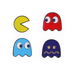 four different colored shapes with eyes and noses