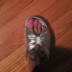 Silver Bow Slides Never Worn Outside Really Cute Party Slip-on Sandals With Heel Loop, Silver Open Toe Casual Heels, Casual Silver Open Toe Heels, Party Open Toe Mules With Cushioned Footbed, Bow Slides, Silver Bow, Women's Shoes Sandals, Shoes Sandals, Slides