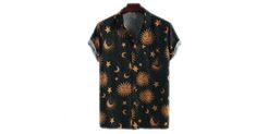 Sun and Stars Short Sleeve Shirt Cotton T-shirt With Star Print For Summer, Fitted Star Print Summer Tops, Fitted Star Print Tops For Summer, Trendy Star Print Summer Tops, Trendy Star Print Tops For Summer, Fitted Black Camp Shirt For Summer, Casual Star Print Short Sleeve Shirt, Casual Short Sleeve Shirt With Star Print, Fitted Star Print T-shirt For Summer