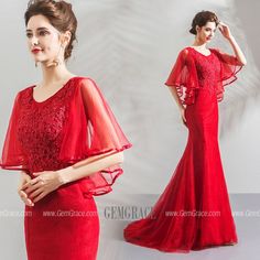 Red Mermaid Dress With Mermaid Hem For Banquet, Fitted Red Mermaid Dress For Banquet, Red Fitted Mermaid Dress For Banquet, Red Fitted Mermaid Dress With Sweep Train, Red Fitted Mermaid Dress With Fishtail, Red Fitted Fishtail Mermaid Dress, Formal Dress With Cape, Formal Dresses Curvy, Formal Dresses Red Carpet