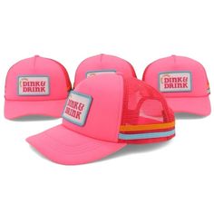 three pink truckers hats with the words, drink and dink written on them