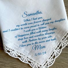 Something New, Something Blue Handkerchief for bride: Perfect for any bride on her big day.This one of a kind heirloom piece is designed for the modern bride. Keep it close and make memories that last a lifetime.  100% cotton high-quality handkerchief Hankie Size: 12 x 12 inches approx Create your own Poem/Verse/message. You can write your own unique text. I will do it a maximum of 80 words long. The text is not embroidered, the text is not printed. The text is made of special transfer vinyl. Pr Embroidered Cotton Handkerchiefs For Weddings, Mother's Day White Cotton Handkerchiefs, White Cotton Handkerchiefs For Mother's Day, Blue Cotton Handkerchiefs For Wedding, Daughter On Wedding Day, Blue Handkerchief, I Will Do It, Gifts For Daughter, The Modern Bride