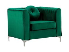 a green velvet chair with metal legs and a buttoned backrest, viewed from the front