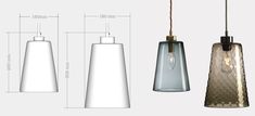 three different types of pendant lights hanging from the ceiling, with measurements for each one